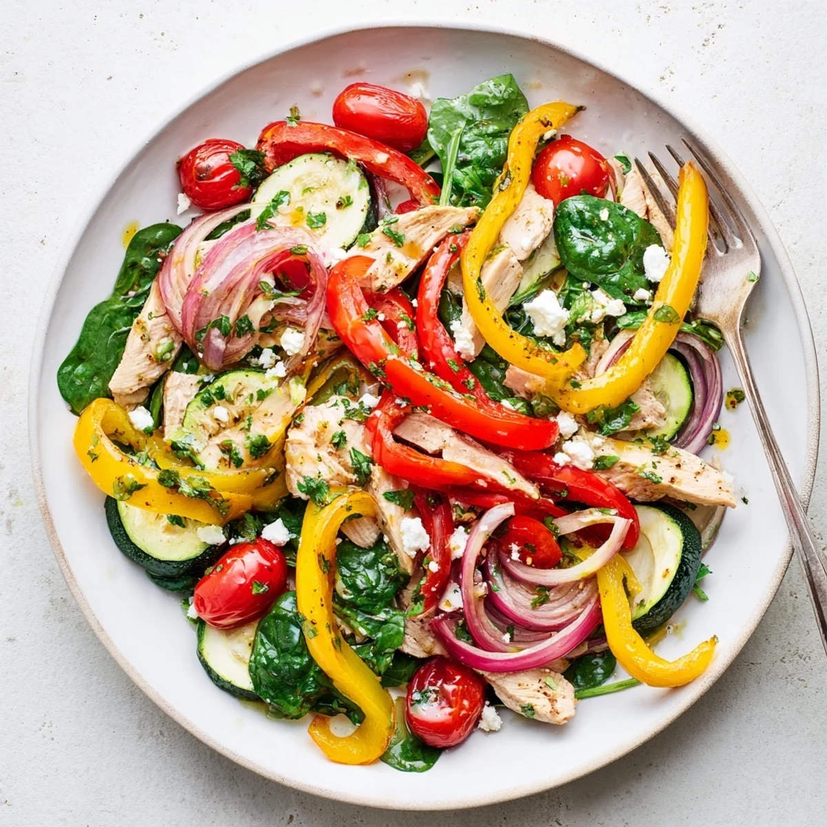 Golden Mediterranean Chicken Stir Fry sizzling in a skillet, garnished with fresh parsley and crumbled feta.  