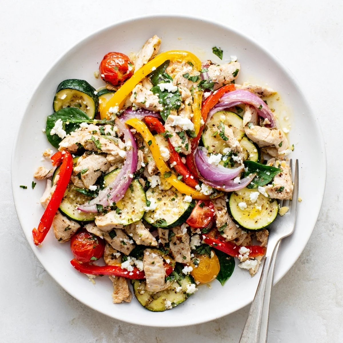 Healthy Mediterranean Chicken Stir Fry with zucchini, tomatoes, and spinach, ready for a gluten-free family dinner.