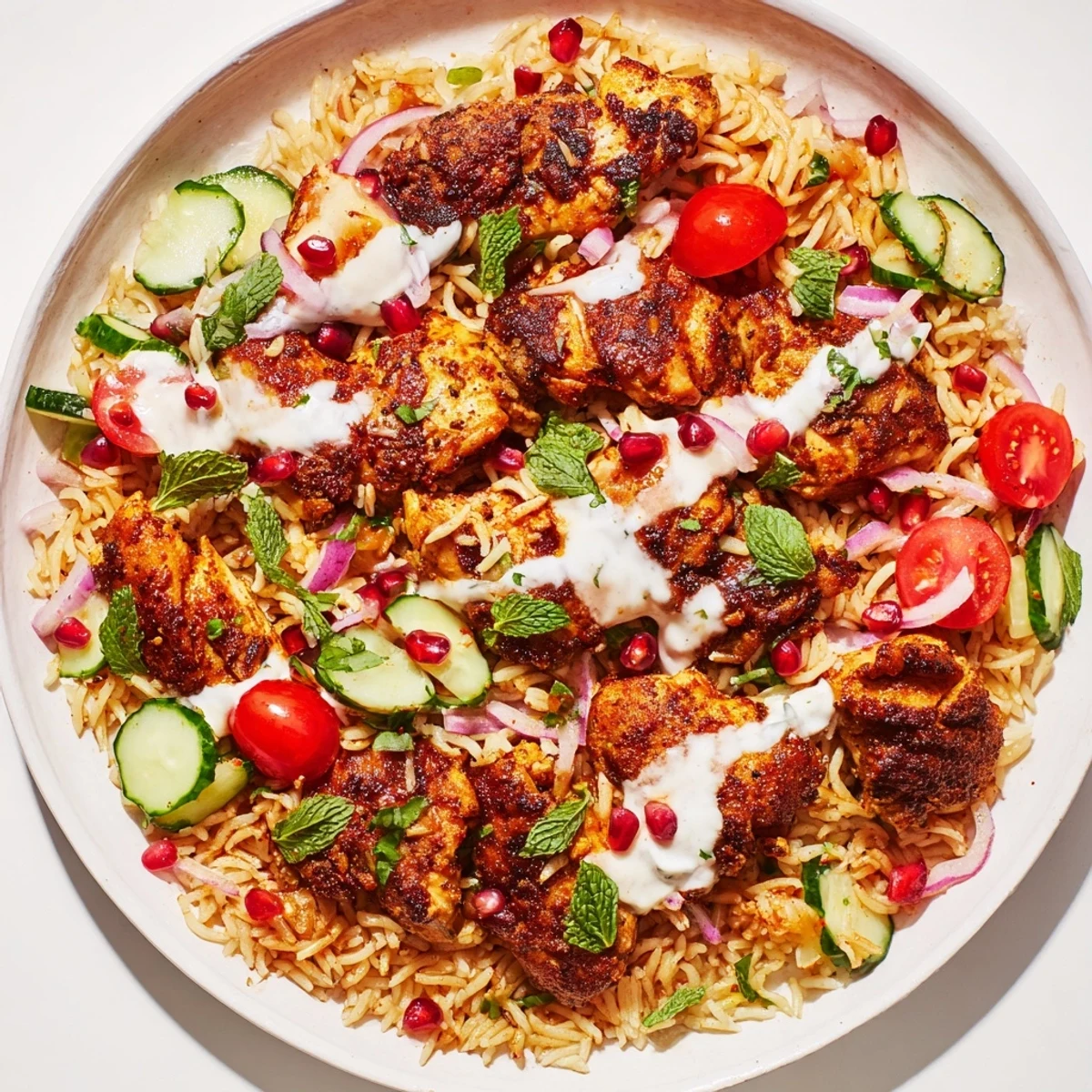 Freshly cooked shawarma chicken rests atop crispy rice with tomatoes, cucumbers, and a drizzle of creamy yogurt-tahini dressing.