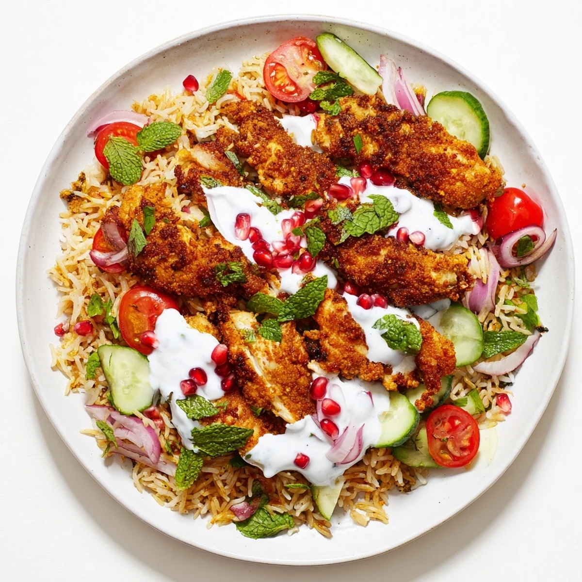 Golden crispy rice and aromatic shawarma-spiced chicken combine with vibrant herbs and pomegranate seeds in this colorful bowl.