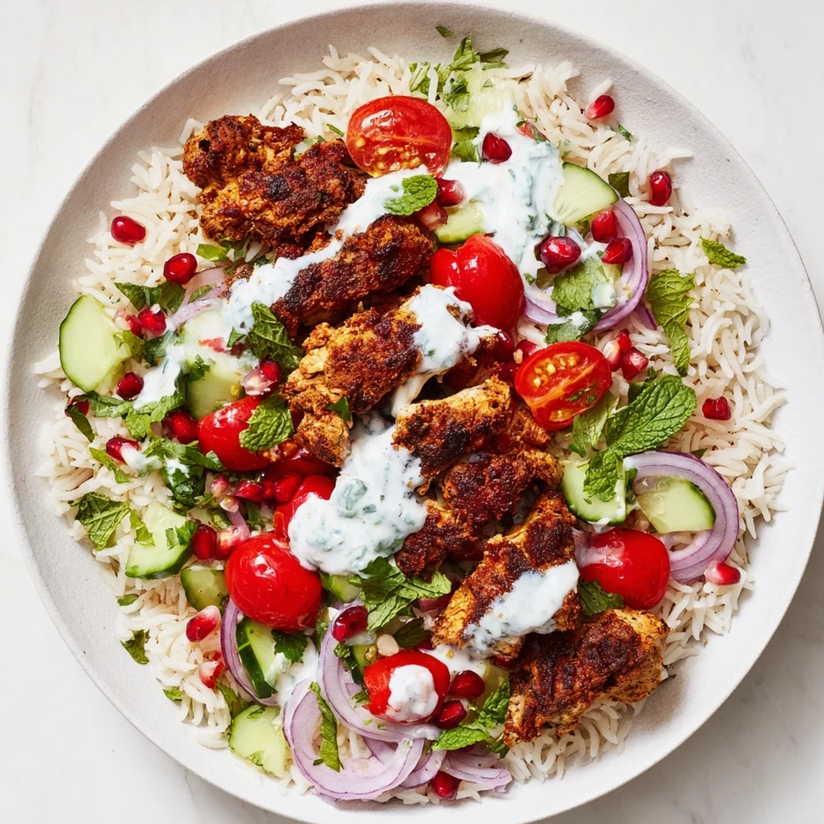 Sizzling chicken shawarma and crunchy rice tossed with cucumbers, tomatoes, and mint, finished with a luscious tahini yogurt sauce.