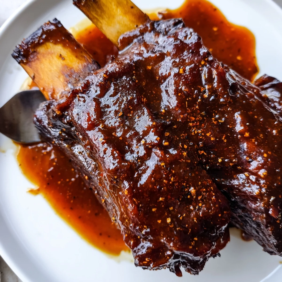 Hearty Maple Bourbon Glazed Short Ribs served on creamy mashed potatoes with a rich sauce.