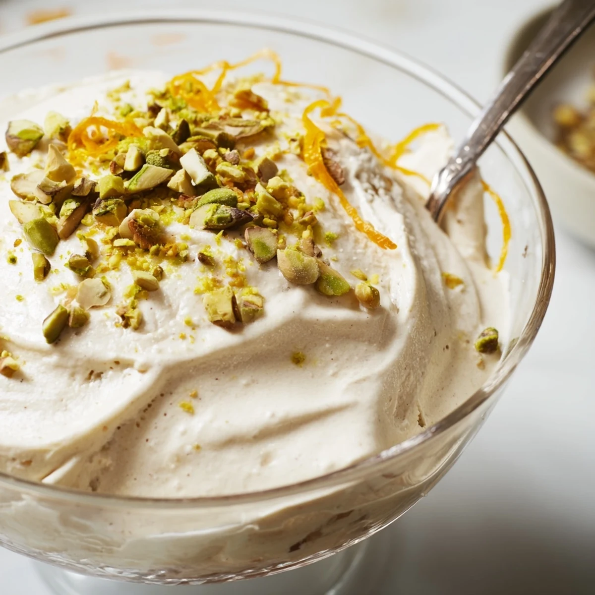 Frosted glasses of Lebanese Date Orange Blossom Mousse garnished with pistachios and zest.  