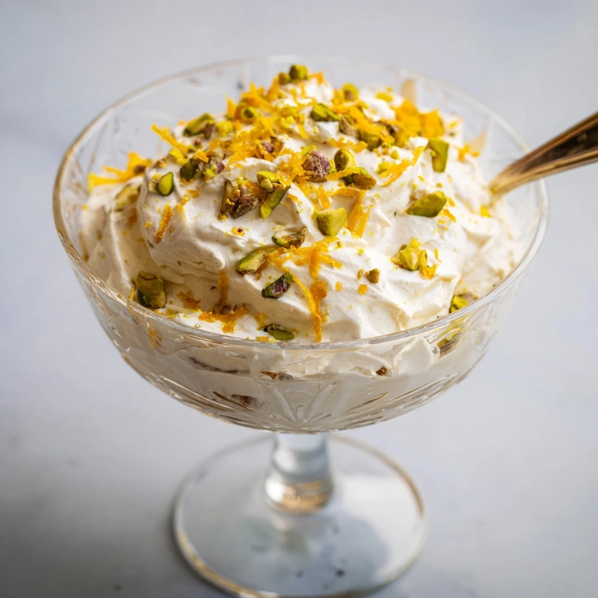 Chilled Lebanese Date Orange Blossom Mousse topped with pistachios and orange zest, served elegantly.