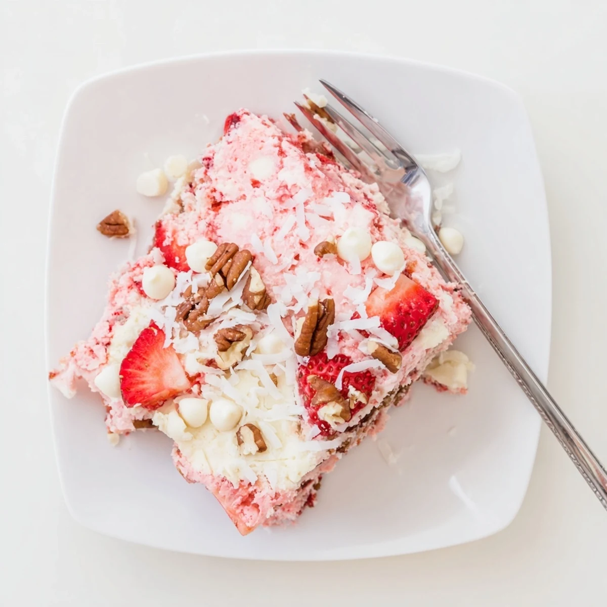 Strawberry Earthquake Cake with marbled cream cheese swirls and white chocolate chips atop a pink strawberry cake base