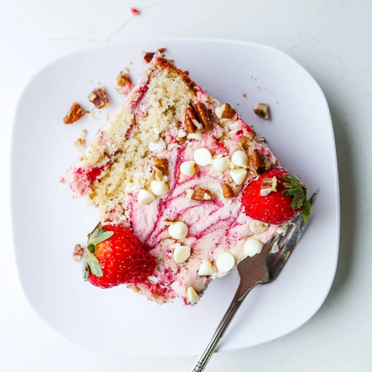 Decadent Strawberry Earthquake Cake featuring fresh strawberries, coconut, and pecans scattered over a swirled cream cheese and strawberry layer