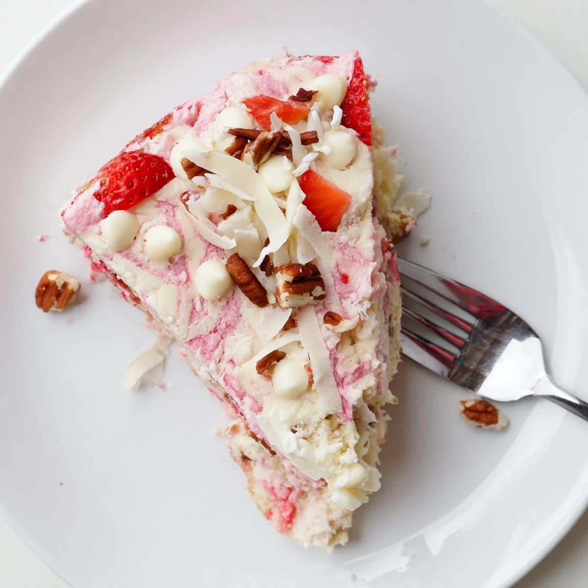 Sliced Strawberry Earthquake Cake showing the messy marbled texture of cream cheese filling baked into tender strawberry cake