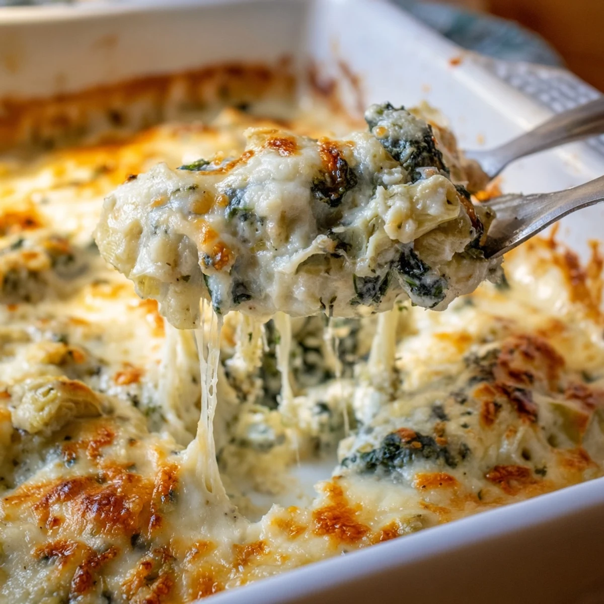 Golden bubbly Spinach and Artichoke Chicken Bake fresh from the oven with melted cheese topping