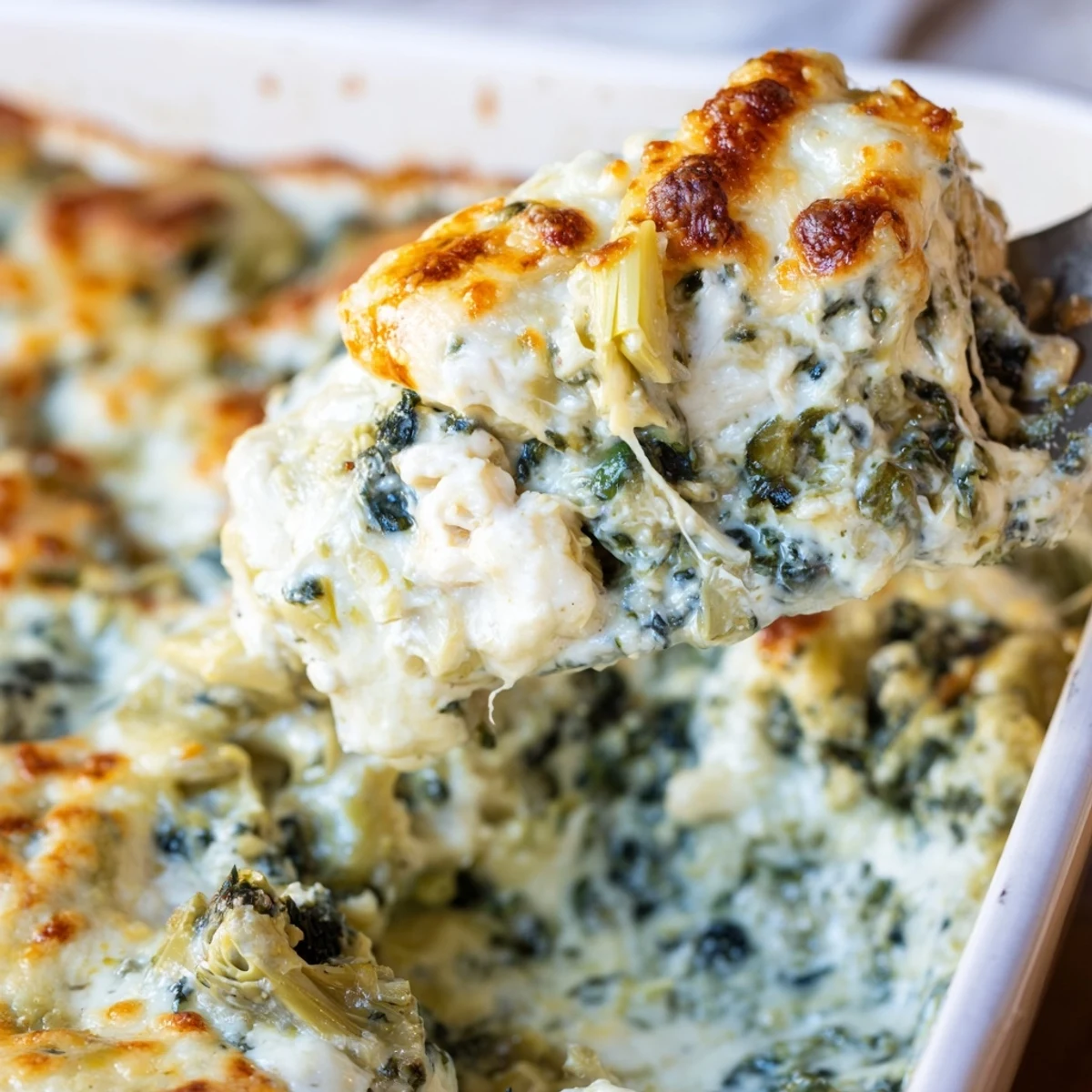 Baked chicken breasts topped with rich spinach artichoke mixture and mozzarella in a golden bubbling dish