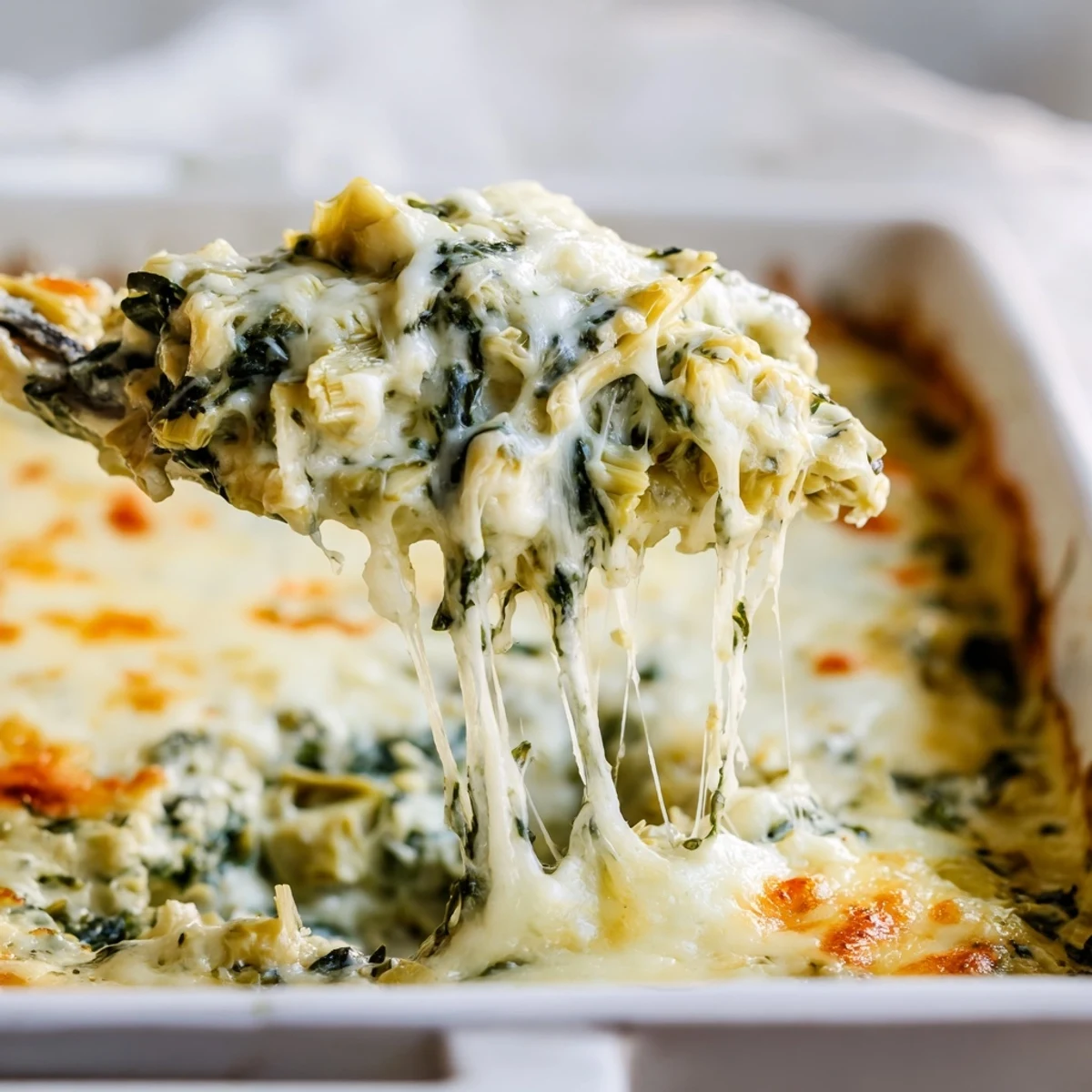 Creamy spinach and artichoke chicken casserole served hot with steamed vegetables on the side