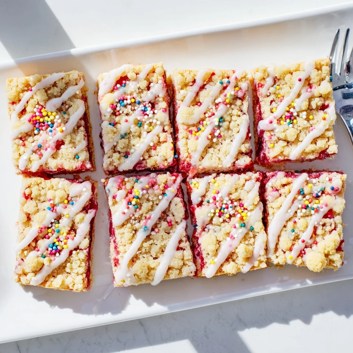 Golden homemade Pop-Tart cookie bars with strawberry jam center topped with white glaze and rainbow sprinkles