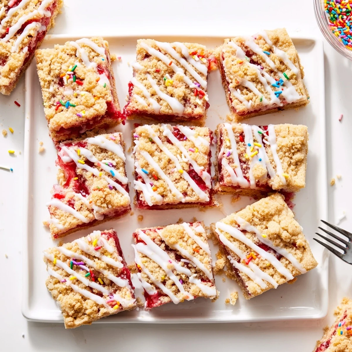 Soft sugar cookie Pop-Tart bars featuring jammy fruit filling and sweet vanilla icing on a golden crust