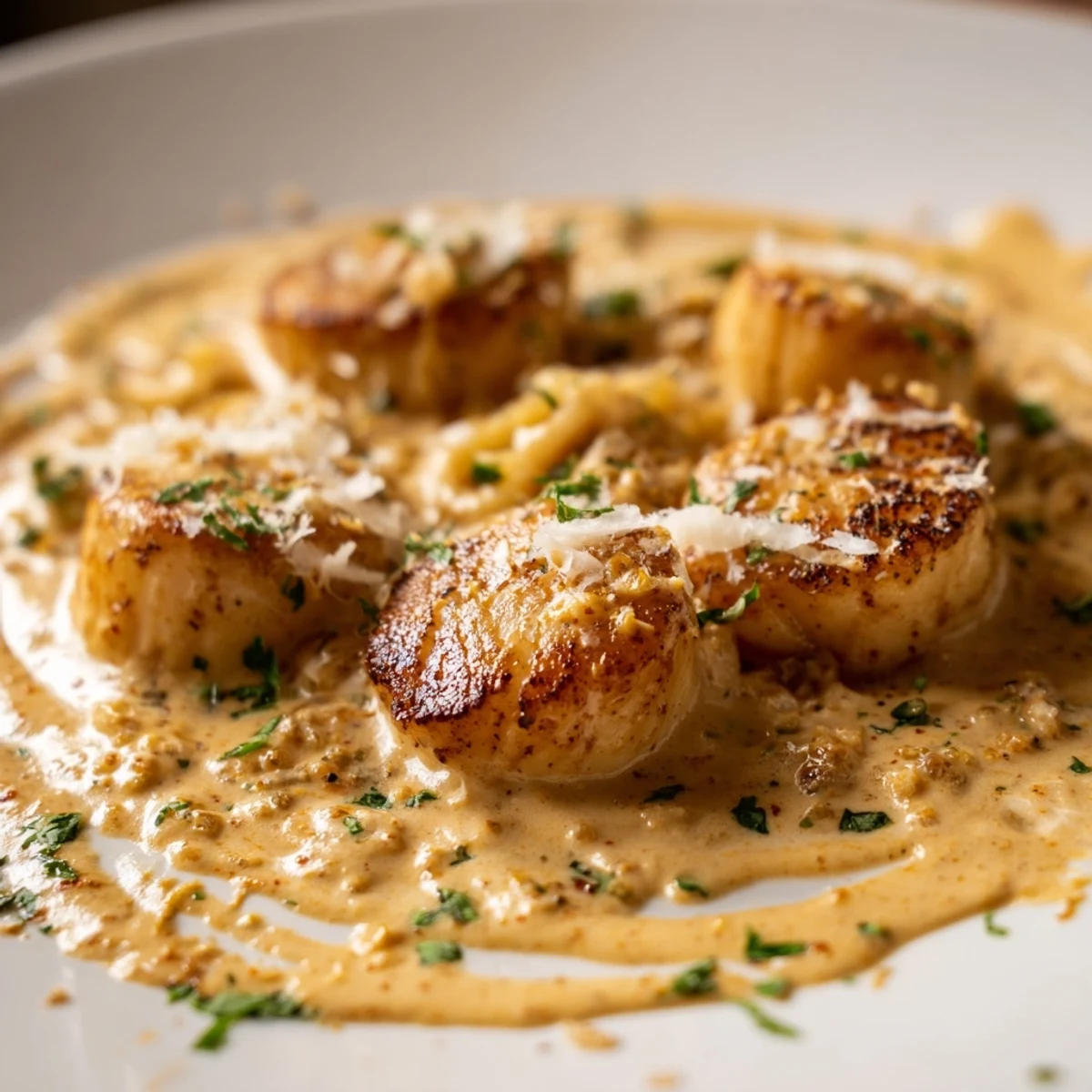 Golden seared scallops drizzled with spicy Cajun cream sauce and fresh parsley garnish