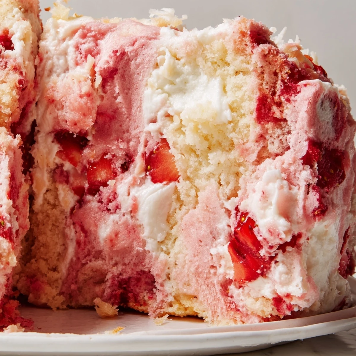 Gooey Strawberry Earthquake Cake with marbled cream cheese swirls and fresh strawberry chunks