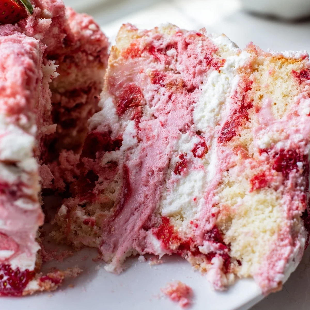 Gooey Strawberry Earthquake Cake showing white chocolate chips and coconut on strawberry swirls