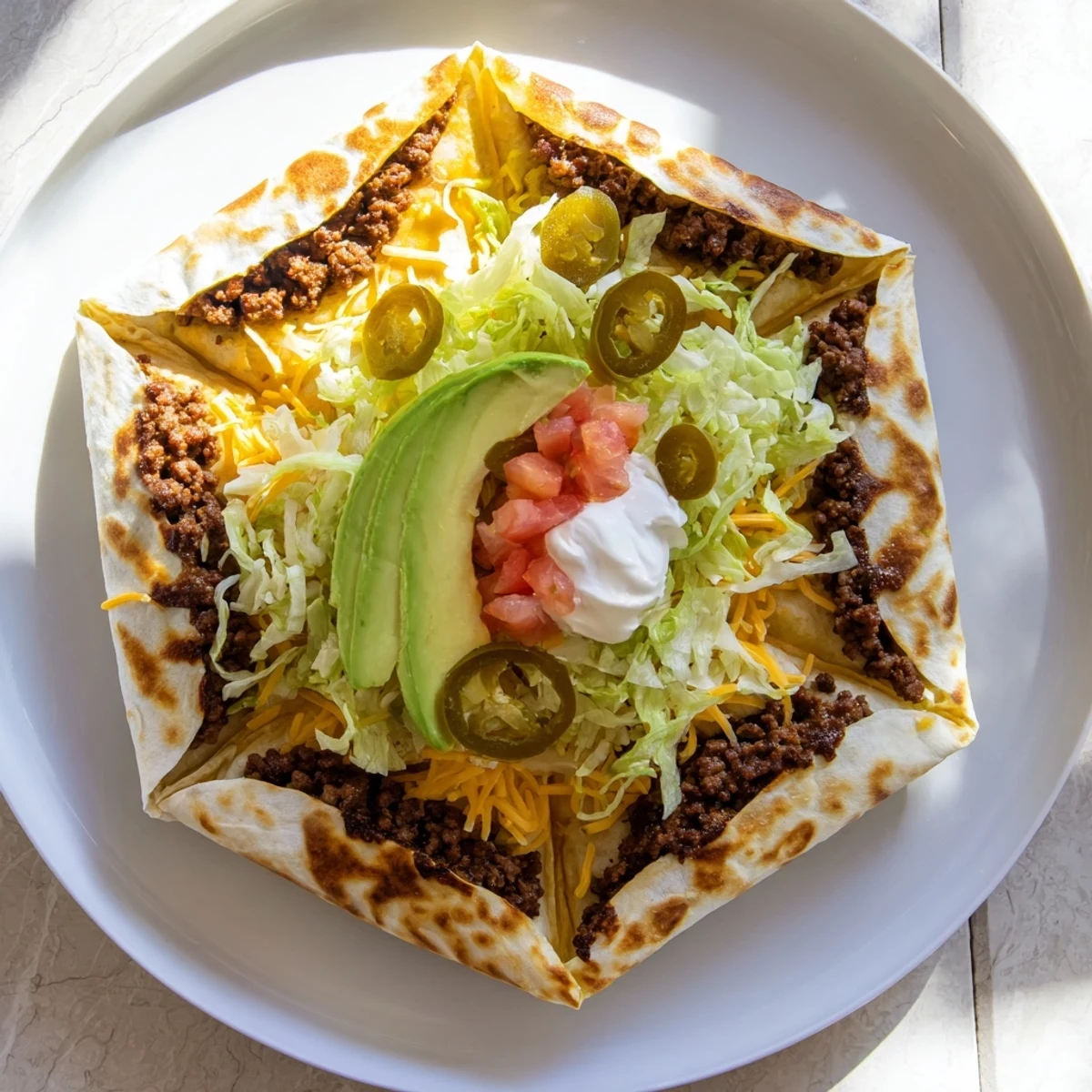 Golden keto crunchwrap cut in half revealing seasoned beef, melted cheddar, and fresh vegetable layers