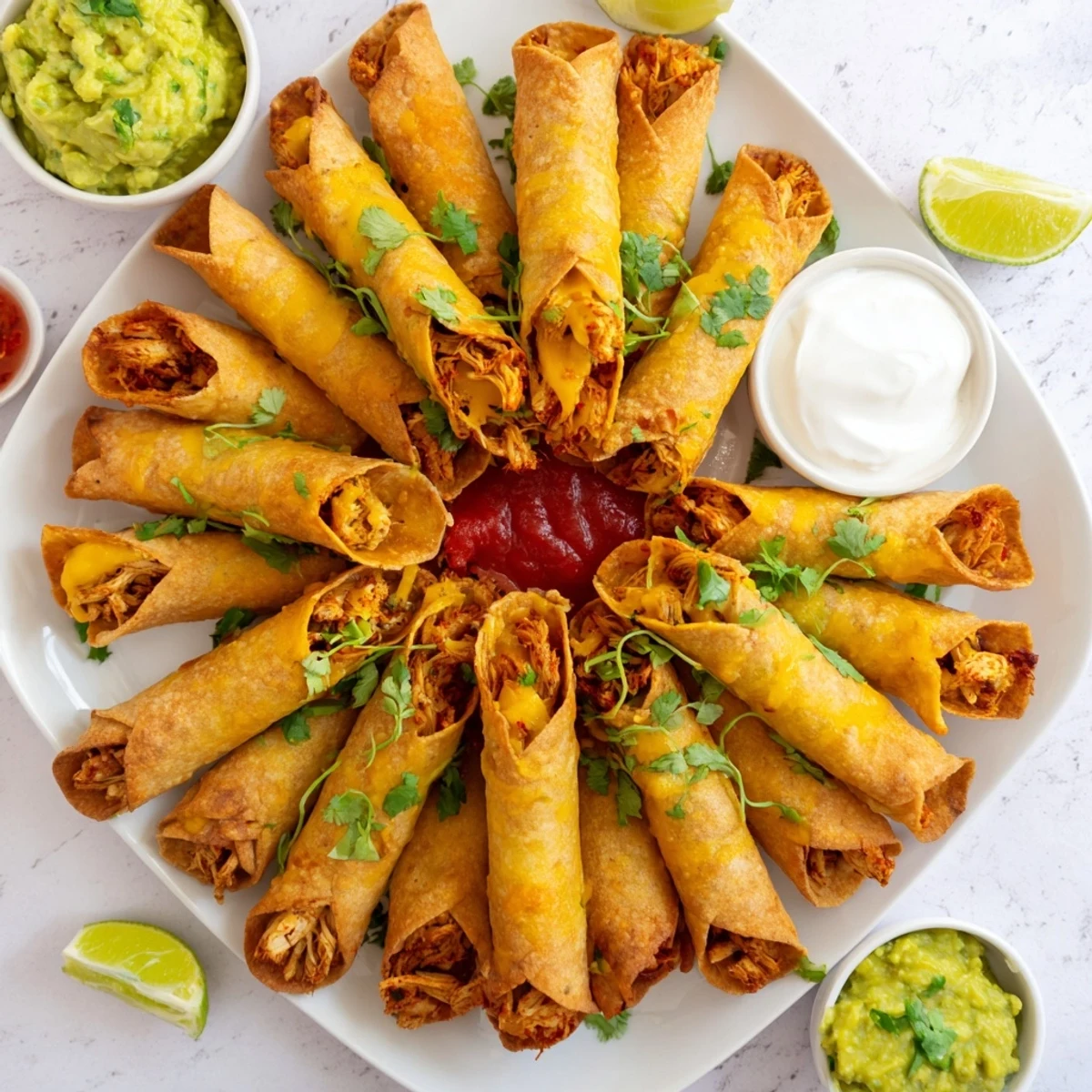 Golden brown crispy chicken taquitos filled with melted cheese and seasoned shredded chicken