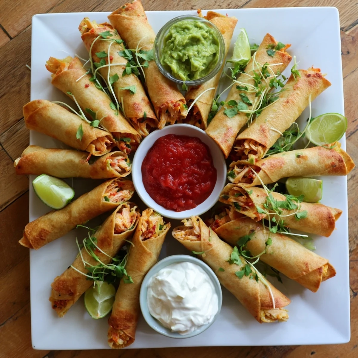 Baked chicken taquitos arranged on serving platter alongside fresh salsa guacamole and sour cream