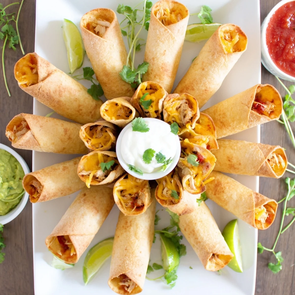 Oven-baked crispy chicken taquitos with crunchy exterior and savory chicken cheese filling ready for dipping
