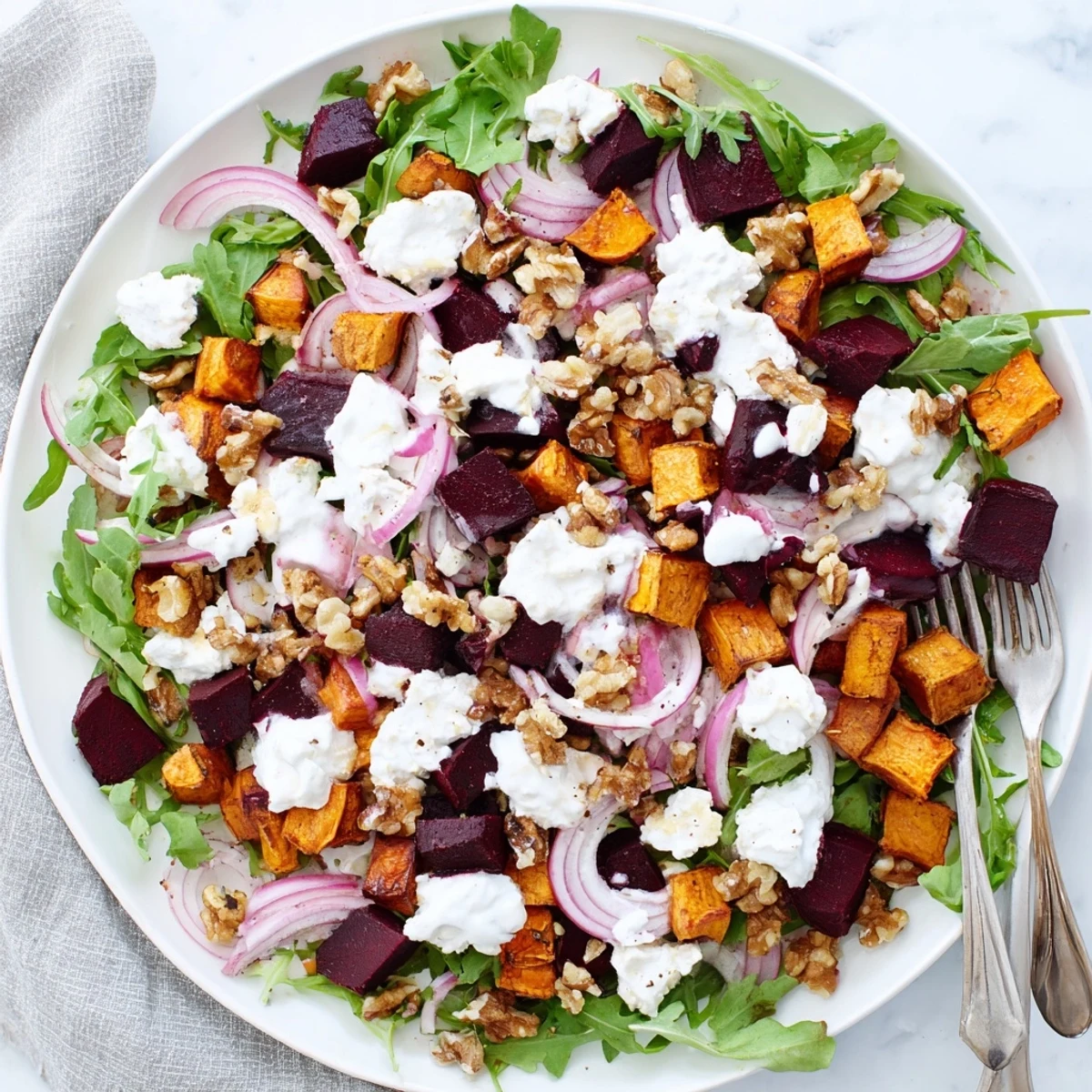 Colorful roasted beet salad with sweet potato cubes topped with crumbled feta and creamy yogurt dressing on a white serving platter