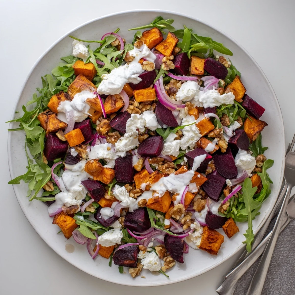 Vibrant bowl featuring tender roasted beets and sweet potatoes layered over fresh arugula with tangy feta crumbles and a luscious white yogurt drizzle