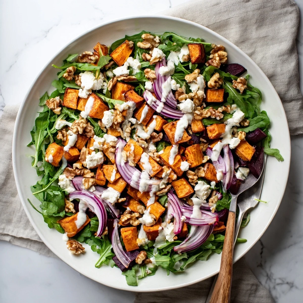 Golden roasted sweet potato and beet salad arranged on greens with creamy yogurt dressing, crumbled feta cheese, and toasted walnuts