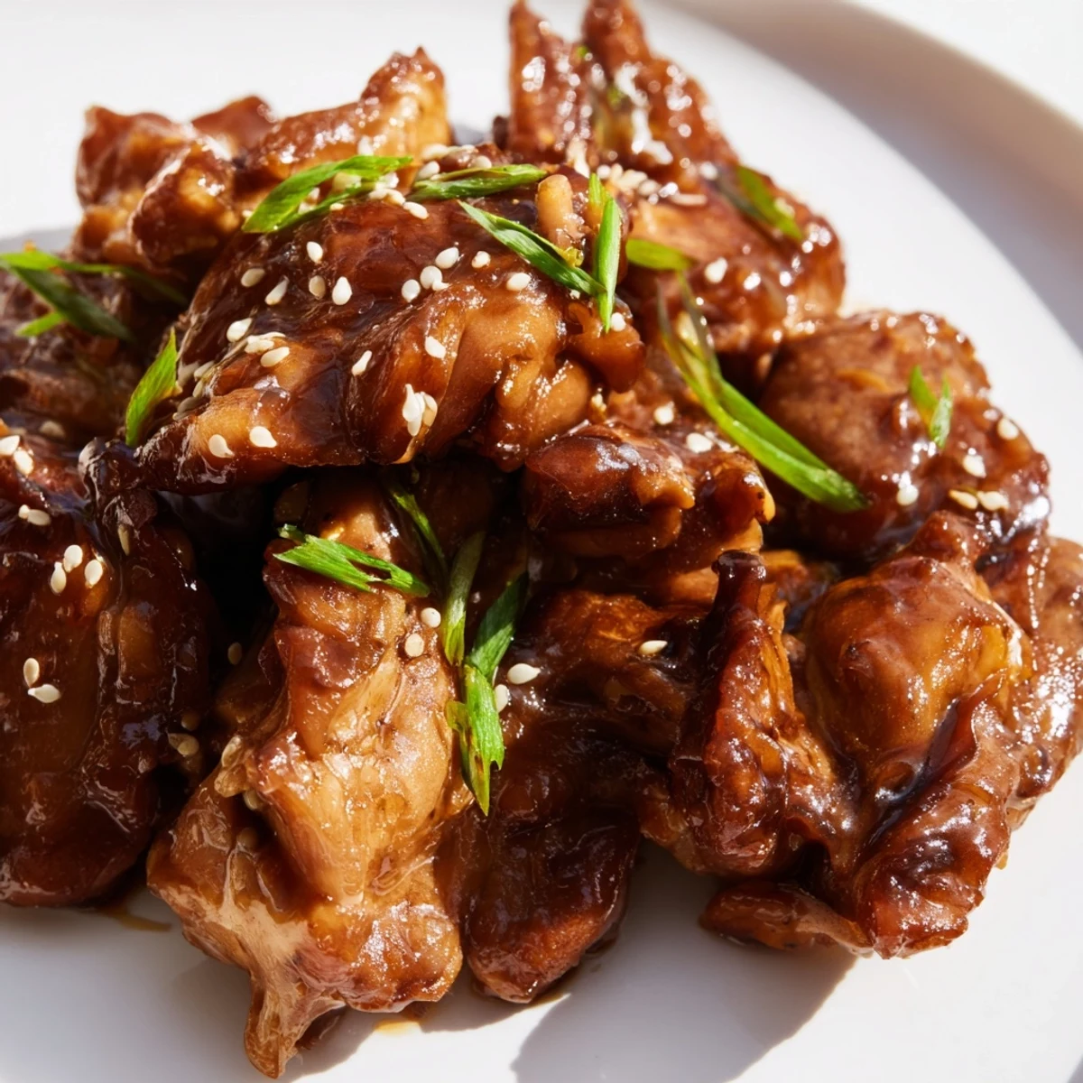 Golden brown Crock Pot Huli Huli chicken thighs served over steamed white rice with green onions