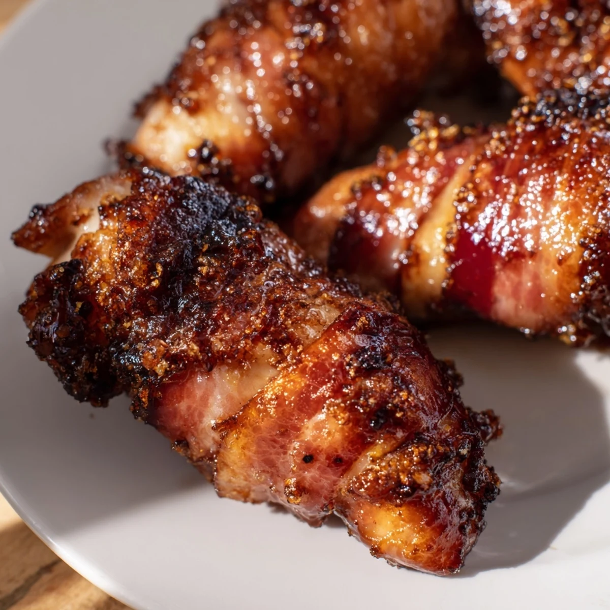 Golden brown bacon brown sugar chicken tenders fresh from the oven with caramelized edges