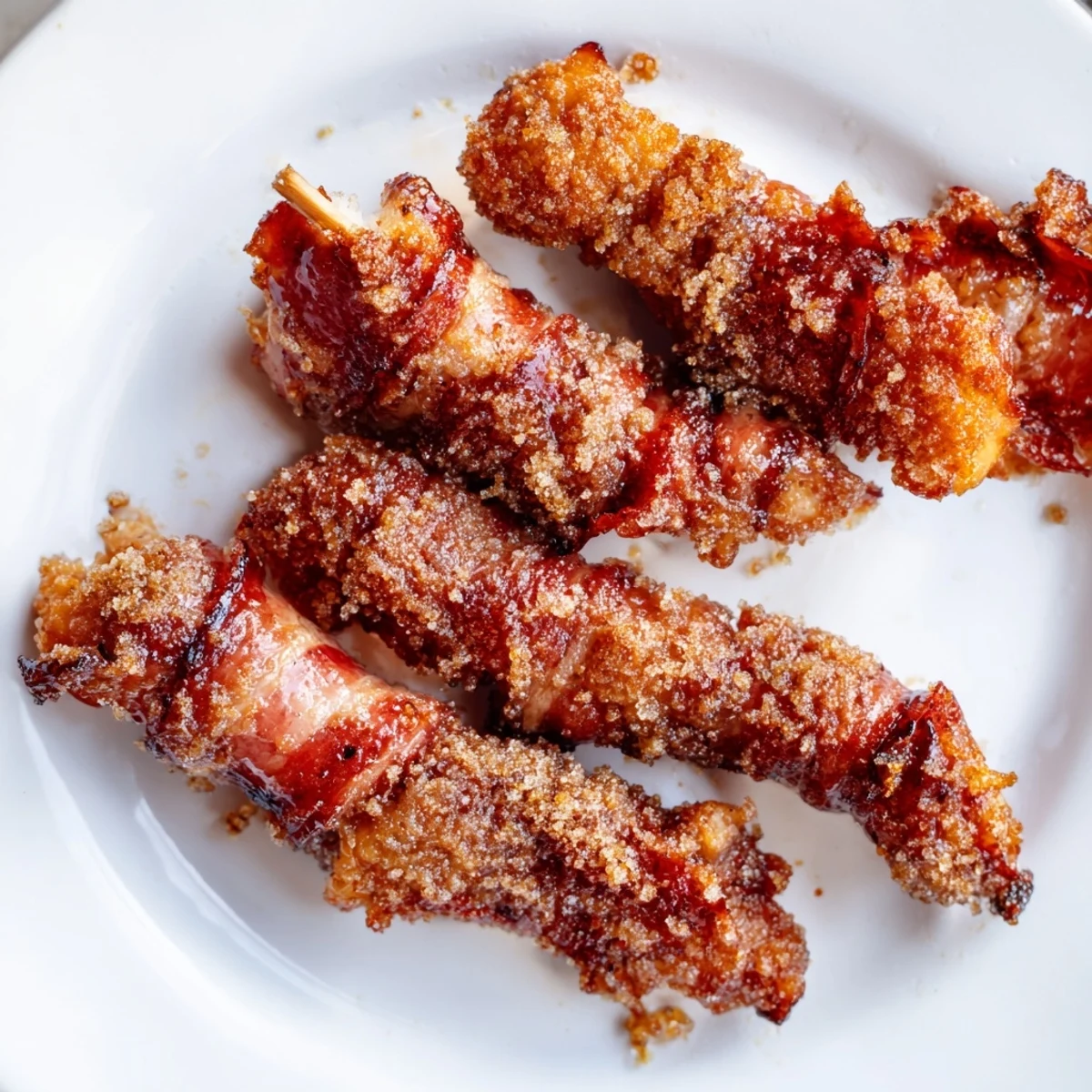 Savory bacon brown sugar chicken tenders arranged on wire rack with glossy caramelized coating