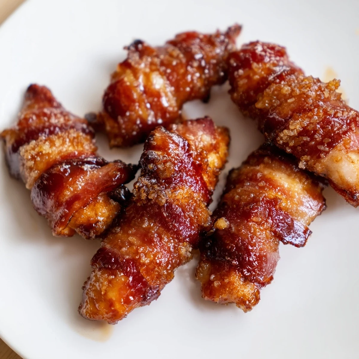 Crispy bacon-wrapped chicken tenders coated in sweet brown sugar glaze on white serving platter