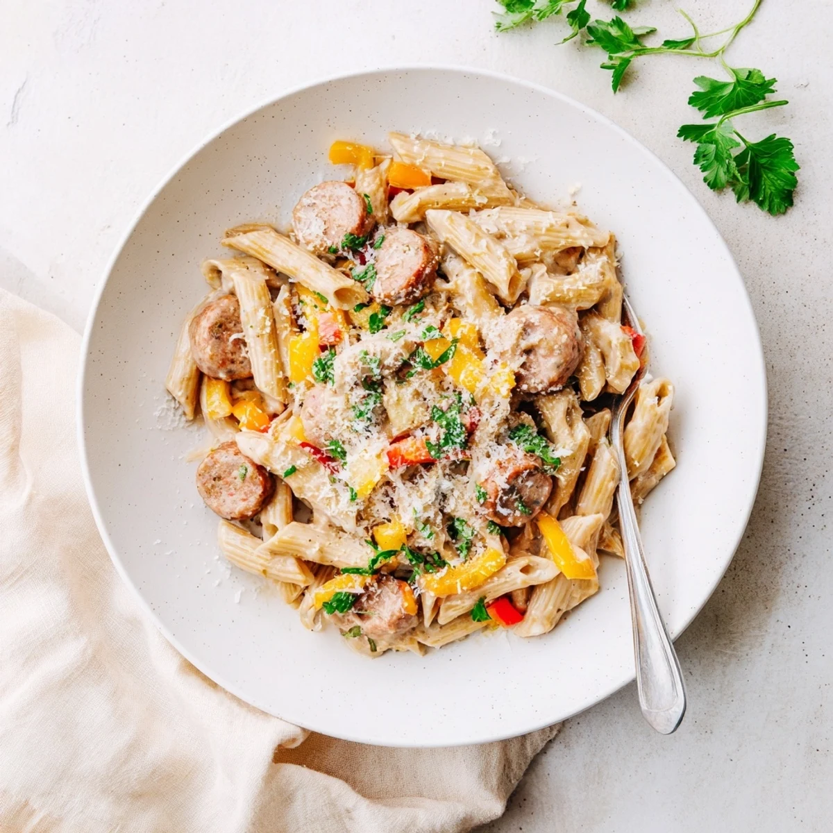 Creamy Cajun sausage pasta in a white bowl with sliced andouille and bell peppers