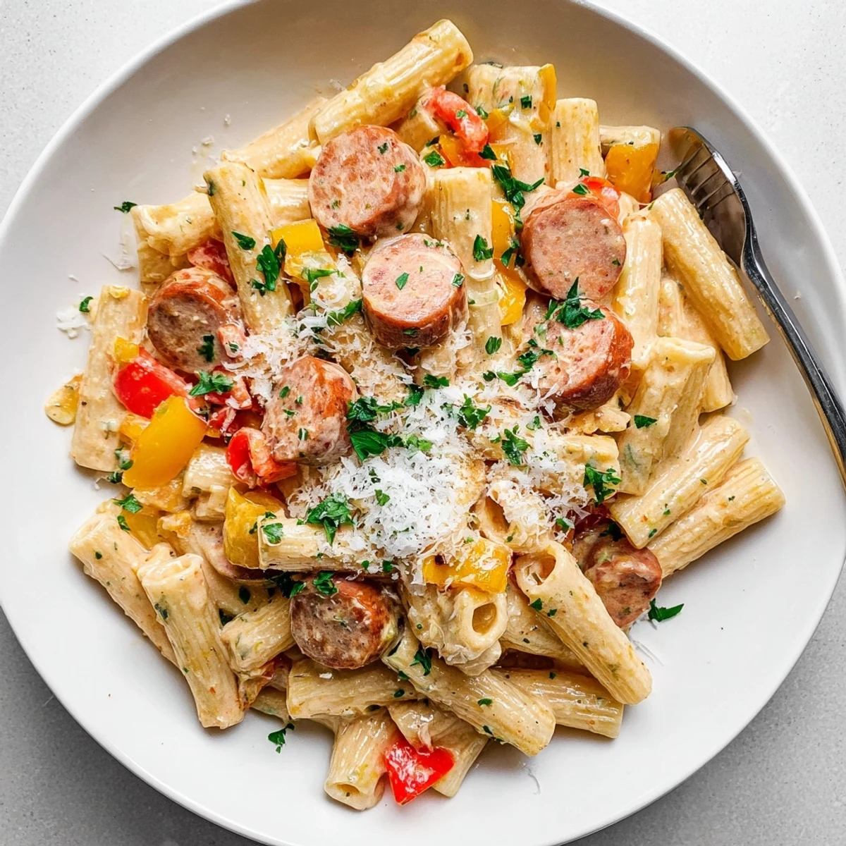 One pot creamy Cajun sausage pasta coated in spicy red sauce with parsley garnish