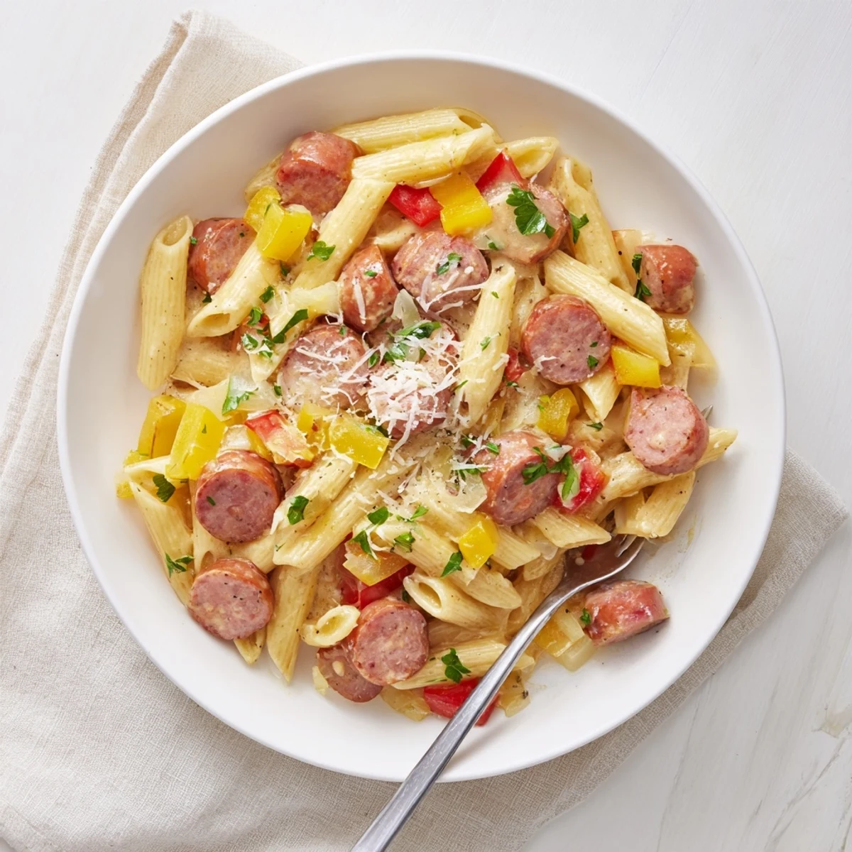 Steaming plate of Cajun sausage pasta with smoky slices and creamy parmesan coating