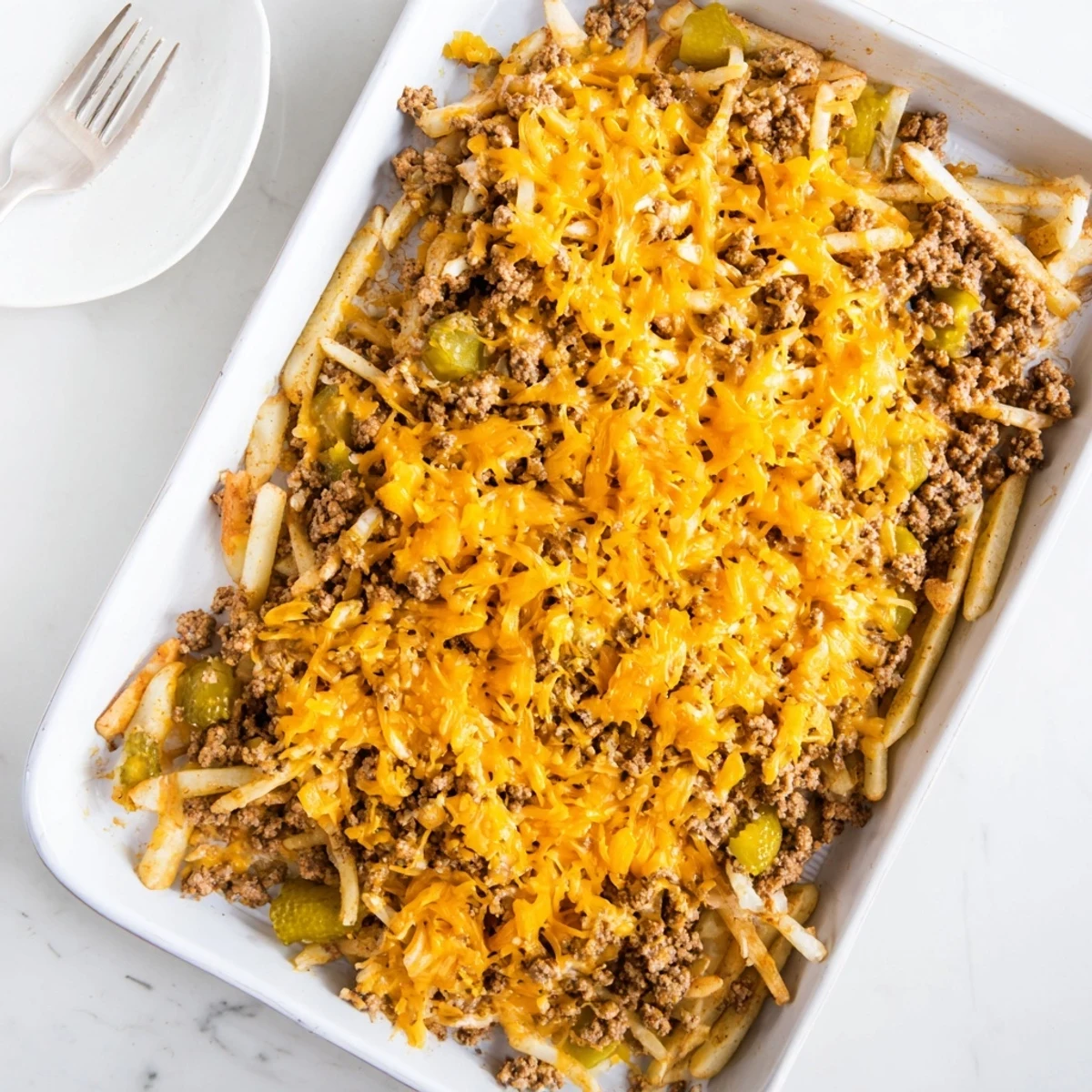 Golden crispy french fries top this savory cheeseburger french fry casserole with melted cheddar