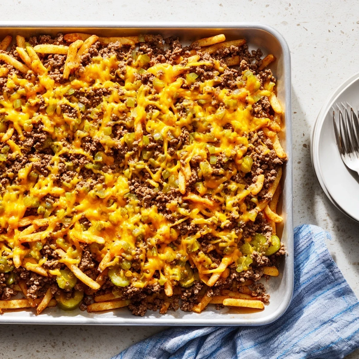 Baked cheeseburger french fry casserole layered with seasoned beef and bubbly cheese topping