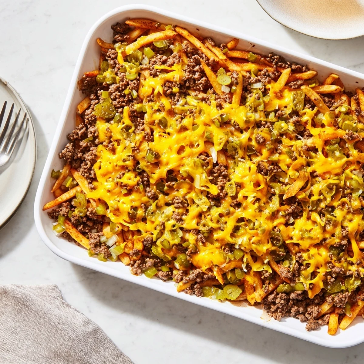 Hearty cheeseburger french fry casserole served hot with golden fries and gooey melted cheese