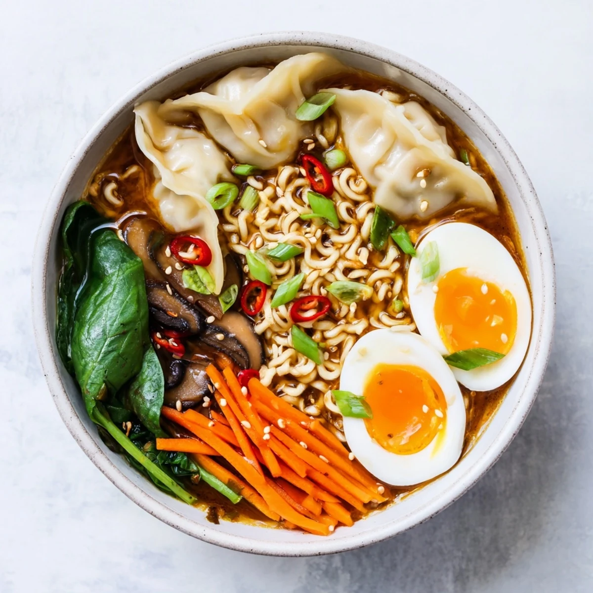 Steaming dumpling ramen bowl featuring tender pork dumplings in rich savory broth with fresh spinach and sliced mushrooms
