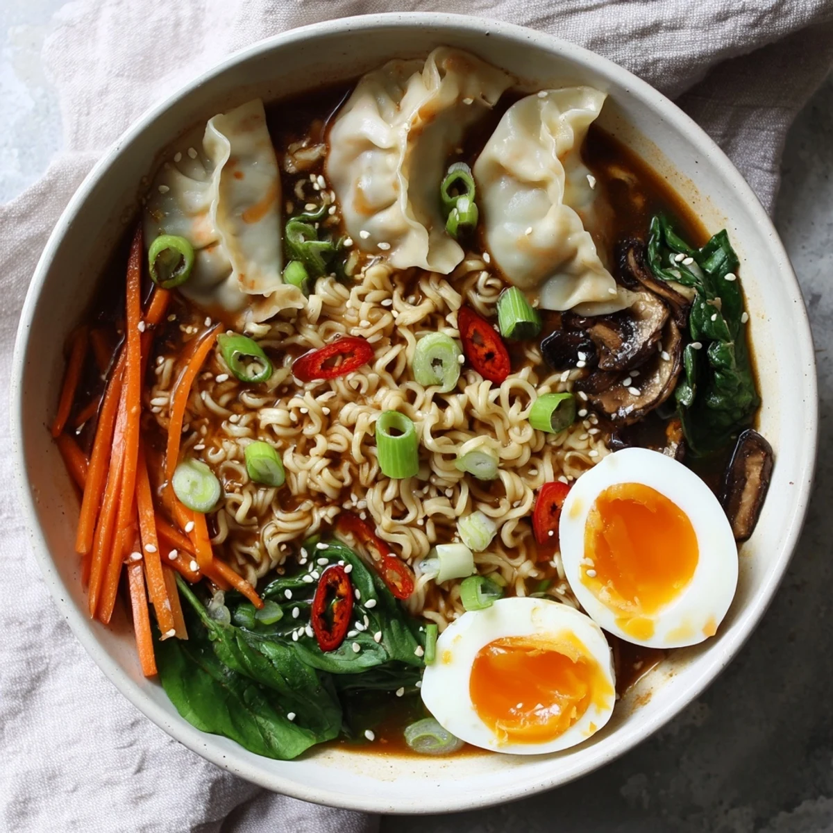 Hearty dumpling ramen bowl filled with flavorful vegetables green onions and toasted sesame seeds in aromatic soup