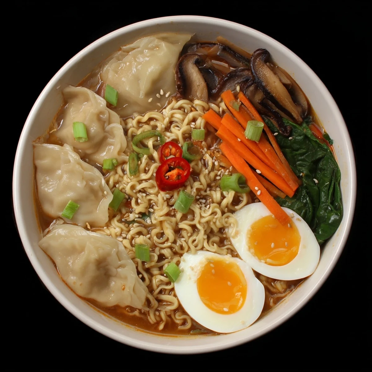 Comforting Asian fusion dumpling ramen bowl with ramen noodles miso broth and soft-boiled egg garnish