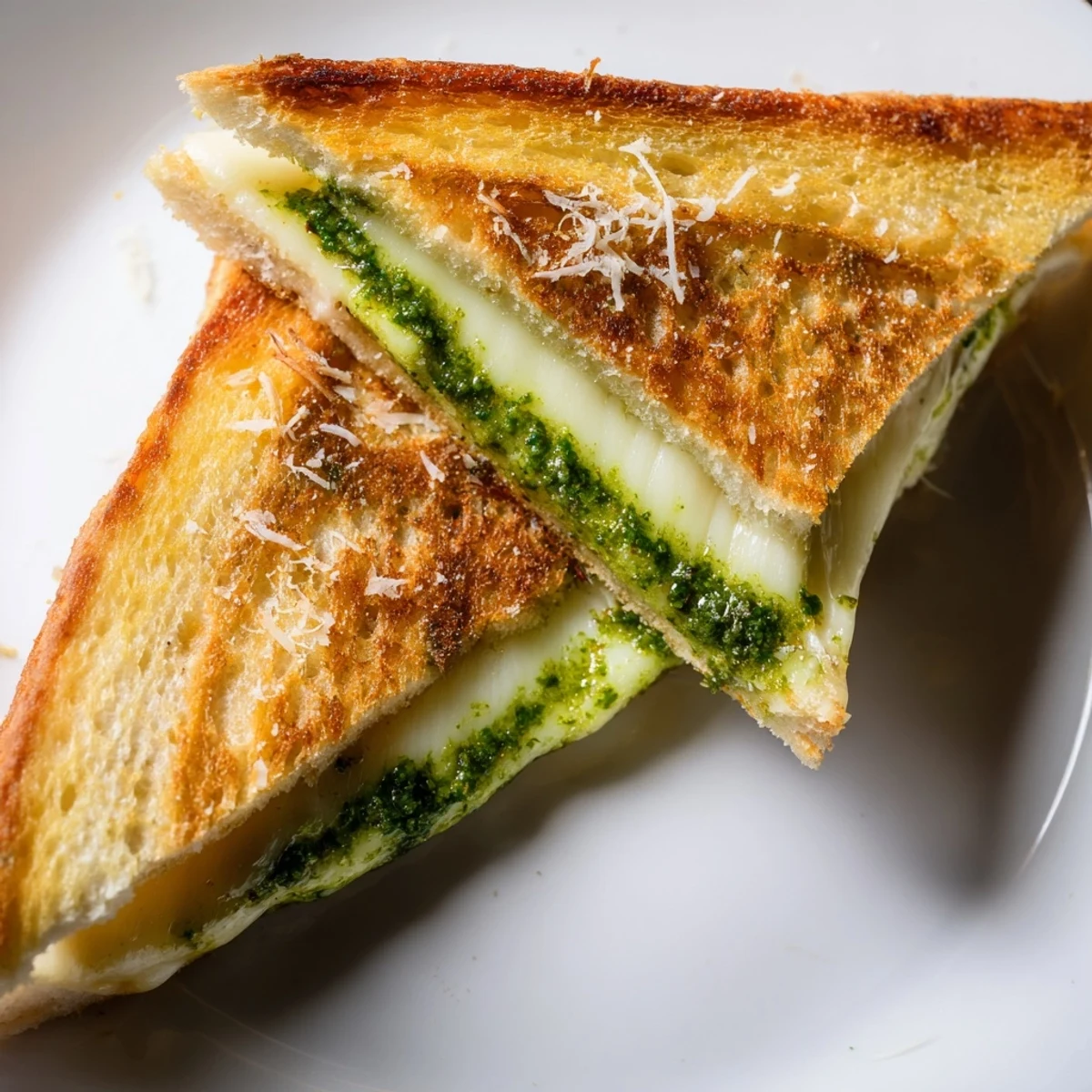 Close-up of crispy pesto grilled cheese oozing warm mozzarella and parmesan cheese between buttery, golden-brown sourdough slices