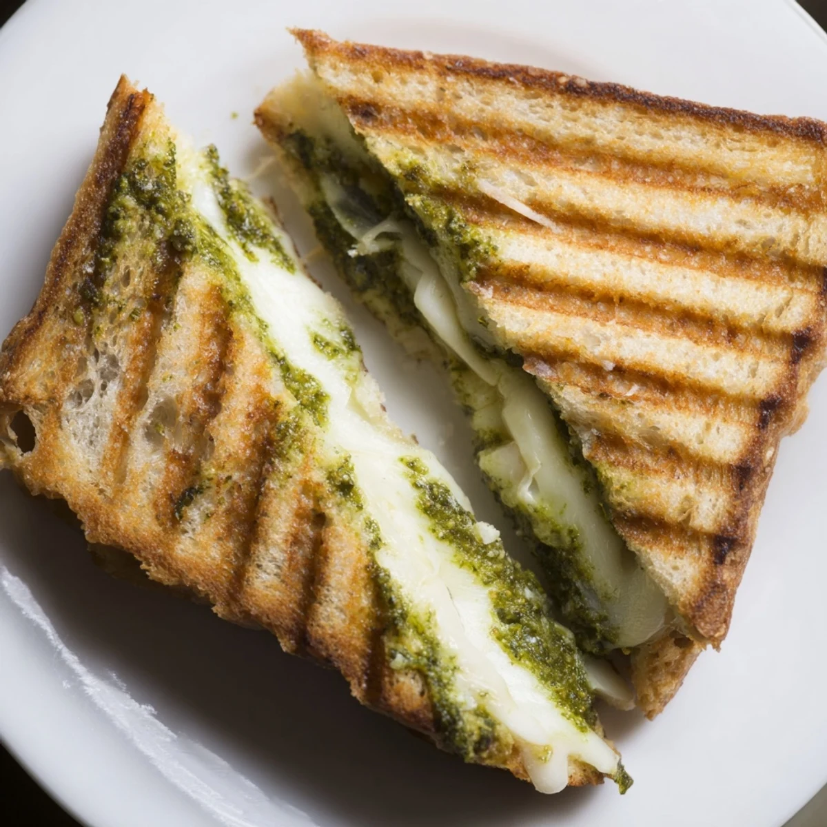 Golden pesto grilled cheese sandwich with melted mozzarella on sourdough bread, sliced diagonally on a wooden cutting board