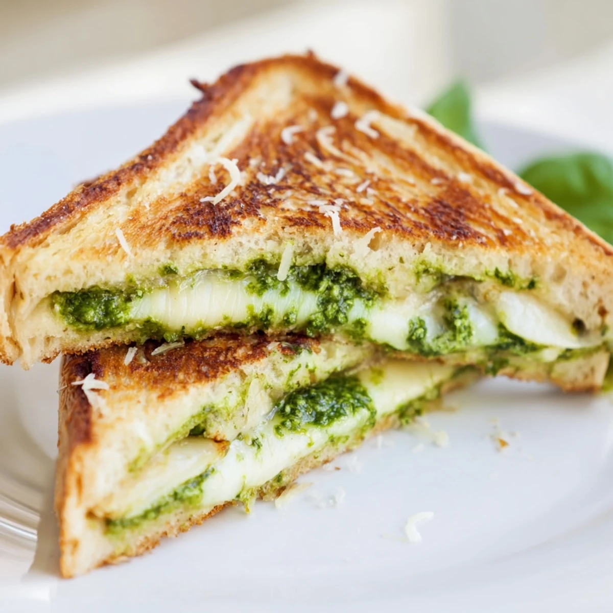 Savory pesto grilled cheese sandwich showcasing vibrant green basil layer and gooey melted cheese, perfect lunch or dinner option