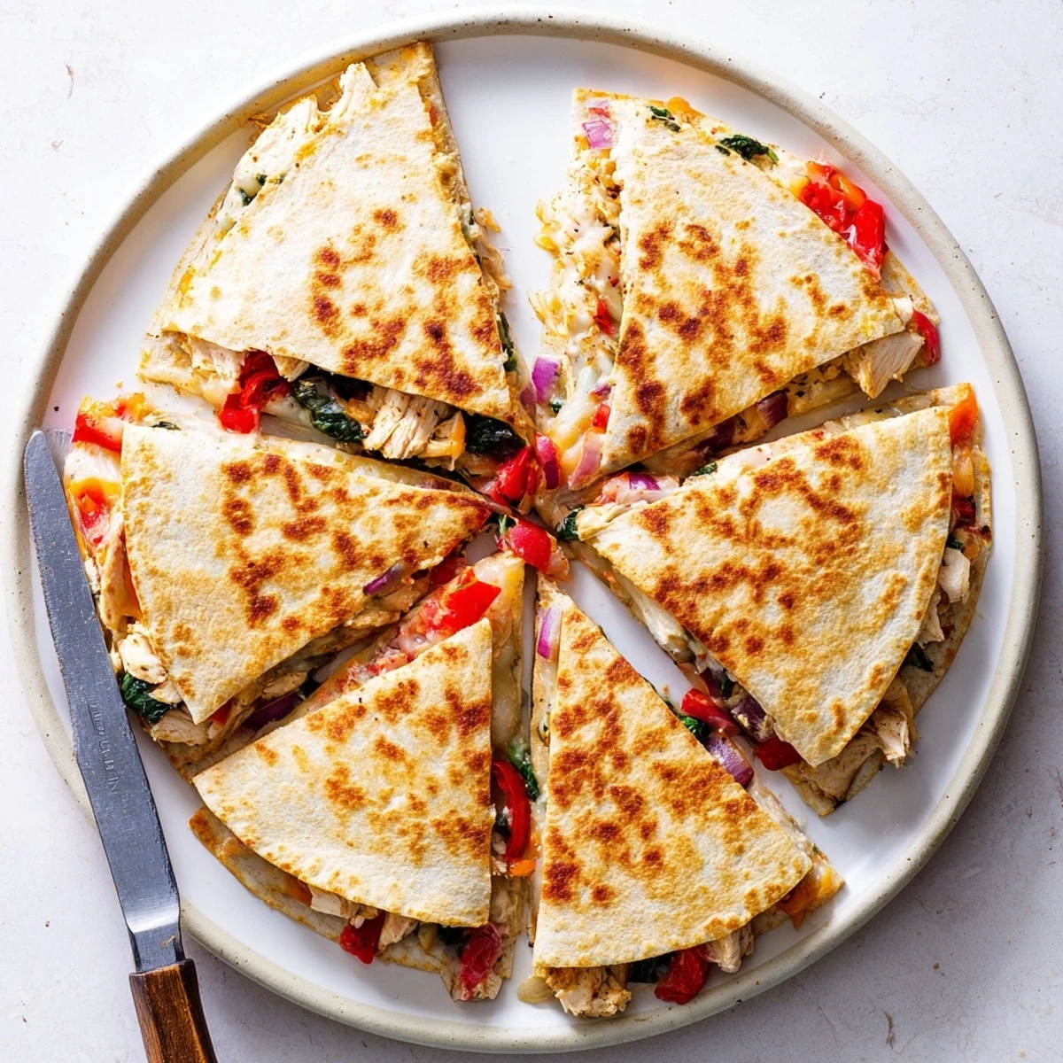 Sliced high protein chicken ranch quesadilla wedges served with creamy ranch dipping sauce