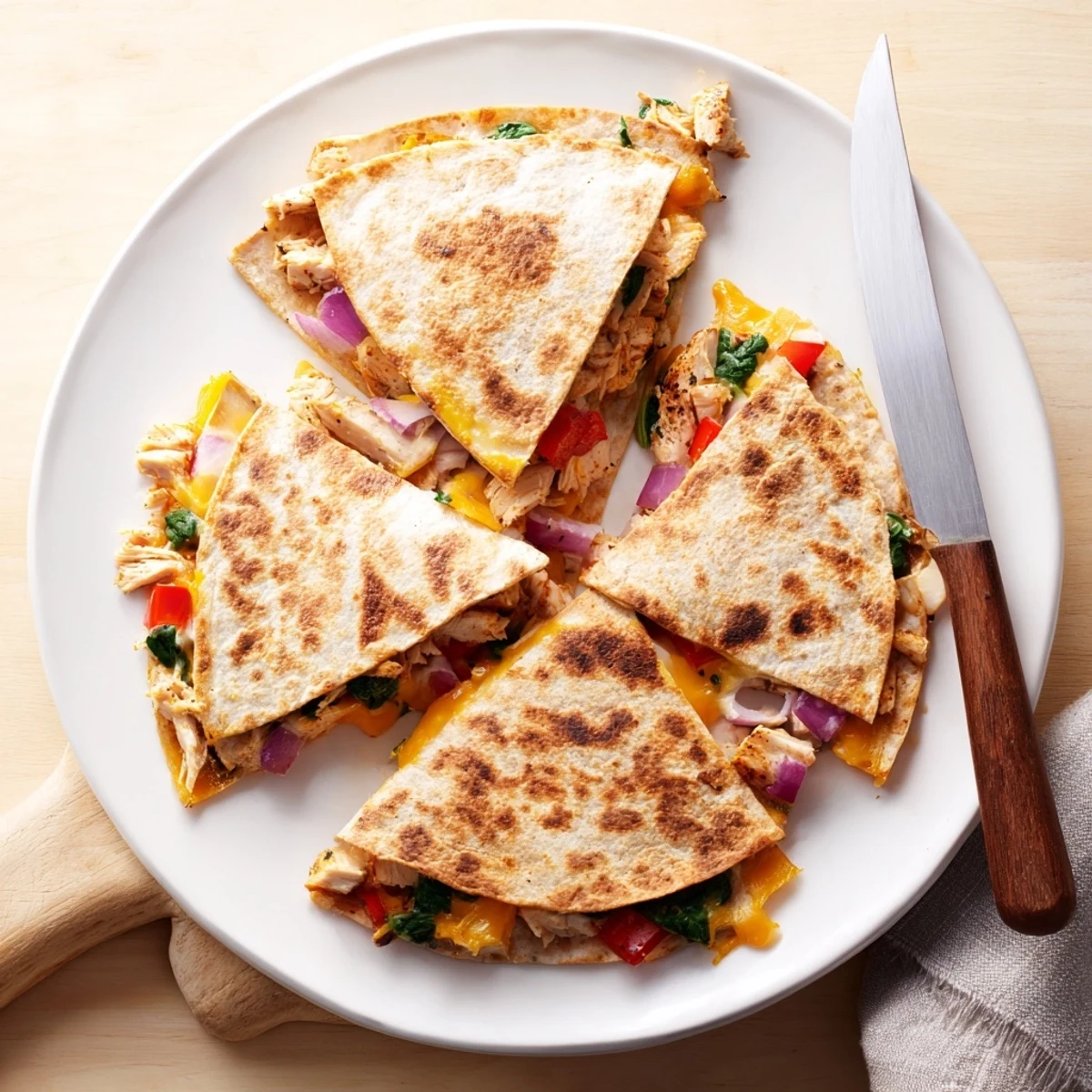 Golden brown high protein chicken ranch quesadilla with melted cheddar and colorful vegetables