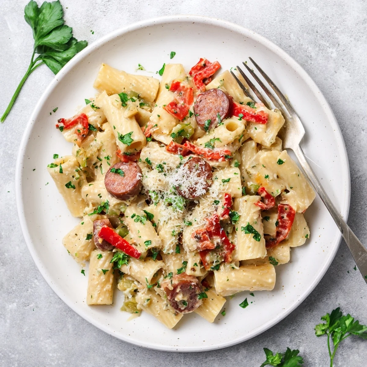 One pot spicy Cajun sausage pasta featuring sliced smoked sausage and colorful bell peppers in a creamy sauce