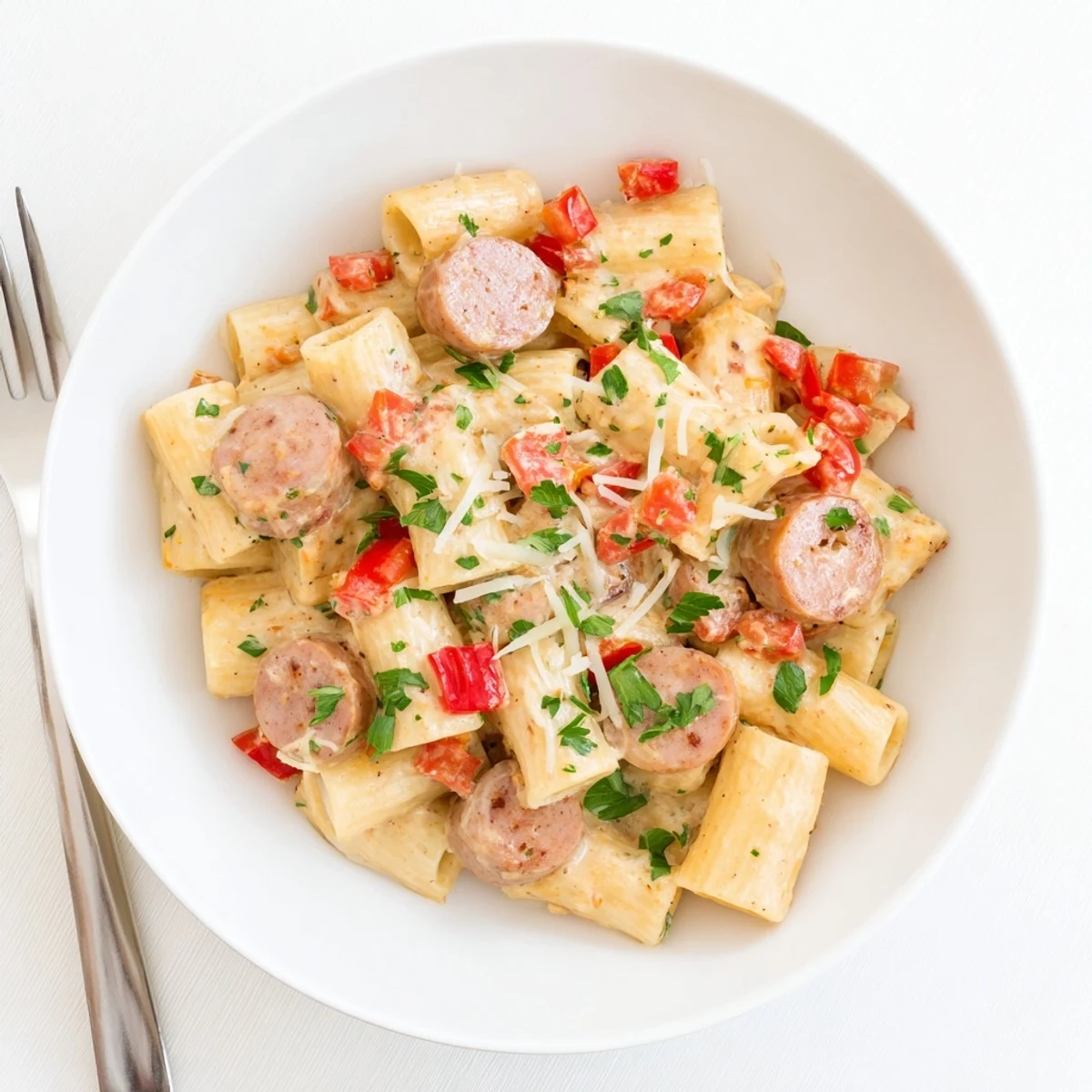 Creamy Cajun sausage pasta with tender penne coated in a rich spicy red sauce garnished with fresh parsley