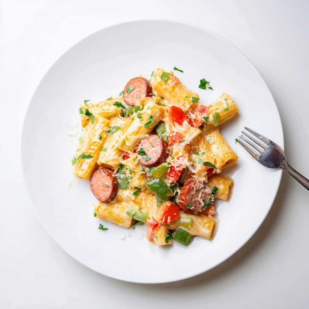 Steaming bowl of Cajun sausage pasta with grated parmesan melting over the creamy spicy sausage and penne mixture