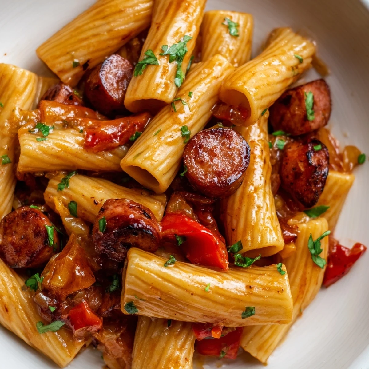 Golden honey garlic sausage pasta skillet featuring glossy glazed penne with sliced smoked sausage and colorful bell pepper pieces