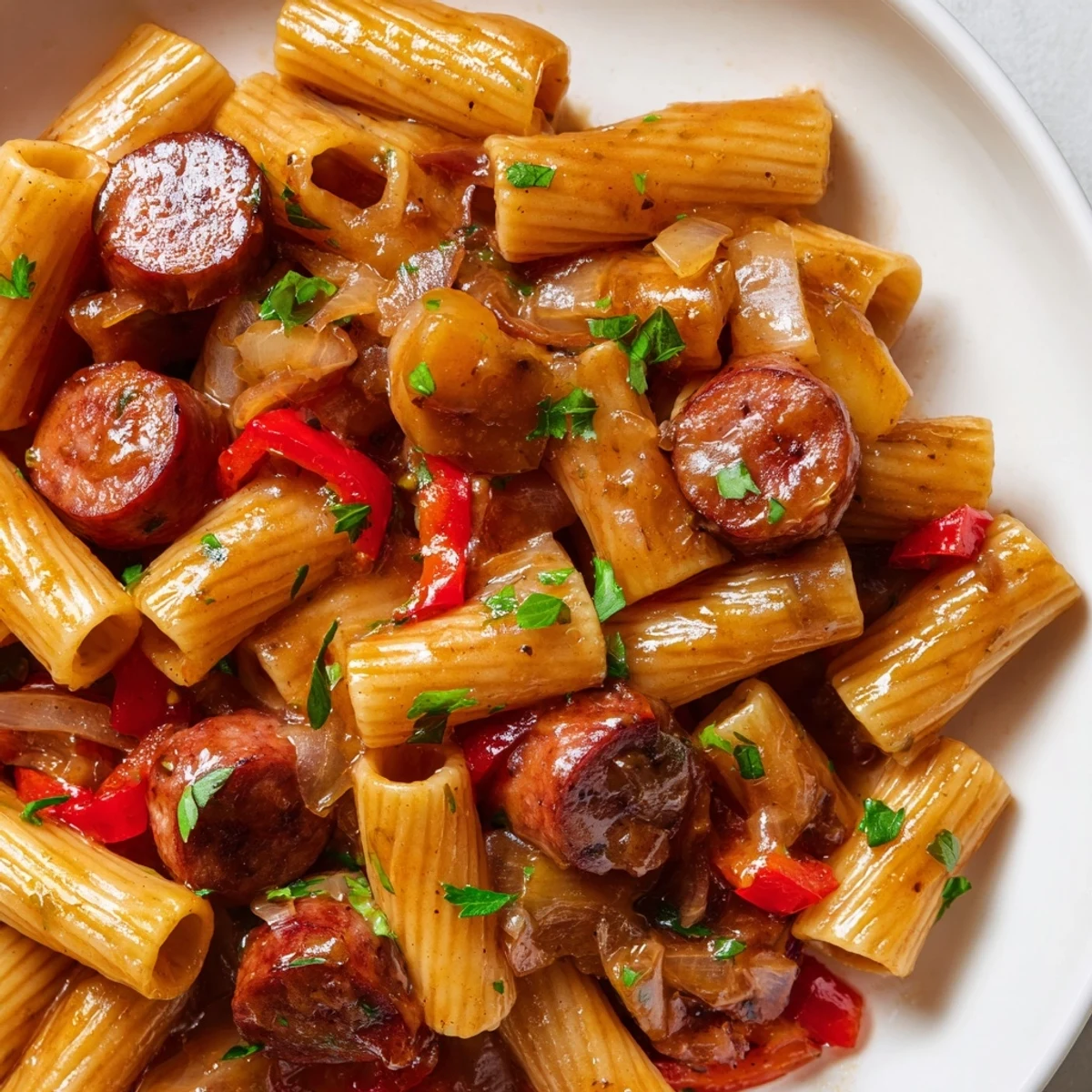 One-pan honey garlic sausage pasta dish with tender rigatoni coated in sticky sweet-savory sauce and fresh parsley garnish