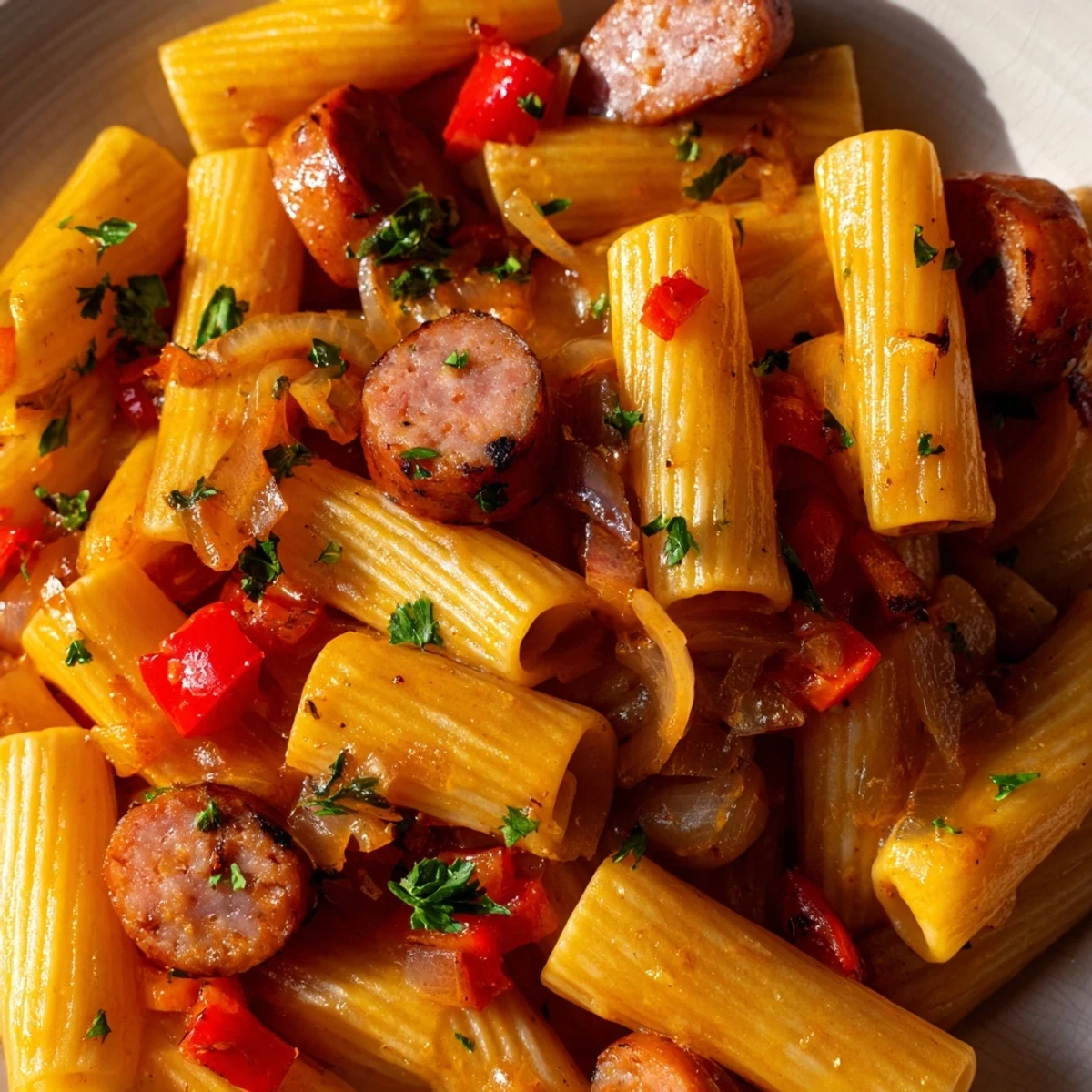 Savory skillet meal showcasing juicy kielbasa slices and al dente pasta tossed in a rich honey garlic glaze